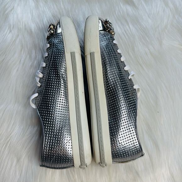 Miu Miu Silver Perforated Leather Crystal Toe Cap Sneakers - Picture 6 of 12